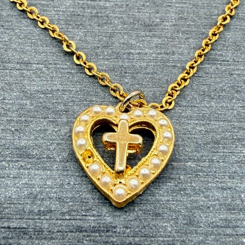 Gold Tone Faux Pearl Heart Cross Pendant Necklace Christian Faith Romantic Gift
